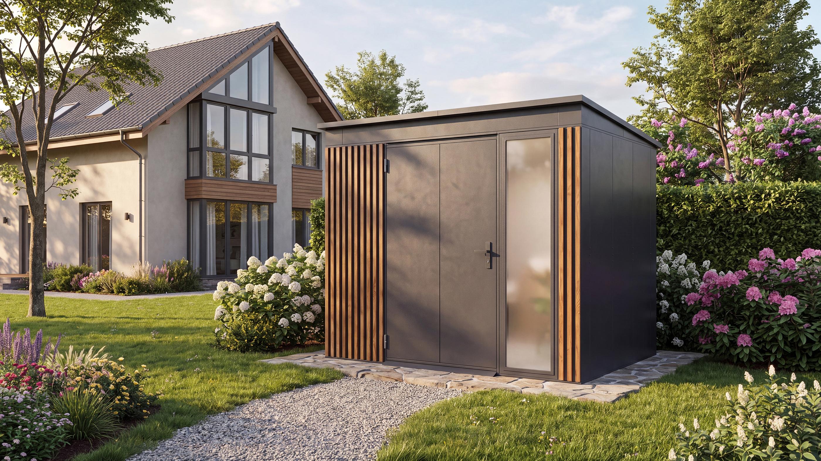 Weka Metall Gerätehaus Gary Gr. 5, anthrazit-Holzoptik, BxT 237x187
