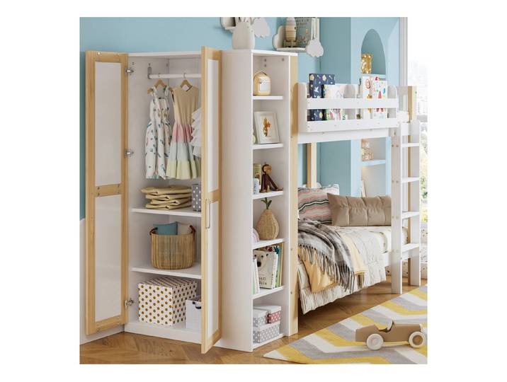 Odikalo Kinderbett Etagenbett Doppelbett Fallschutz Kleiderschrank Regale 90x200cm Weiß