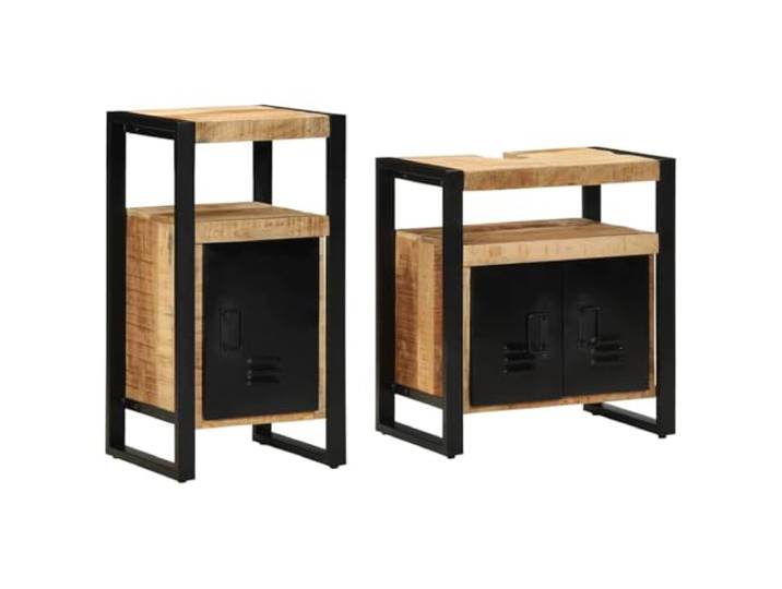 HWKQEQRF Badezimmermöbel-Set 2 STK. Braun Massives Rohes Mangoholz Metallrahmen,stabile Konstruktion,2 Stk.,großer und kleiner Schrank,bündige Türen,lange Griffe