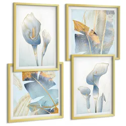 BILDER SET 4er Set - 50x50 cm & 40x60 cm Goldrahmen - Blaue Blumen im Hintergrund