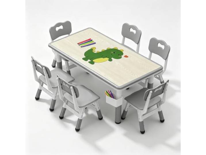 GarveeHome Kindertisch-Set 2–10 Jahre 6 Stühle Holzoptik höhenverstellbar Grau