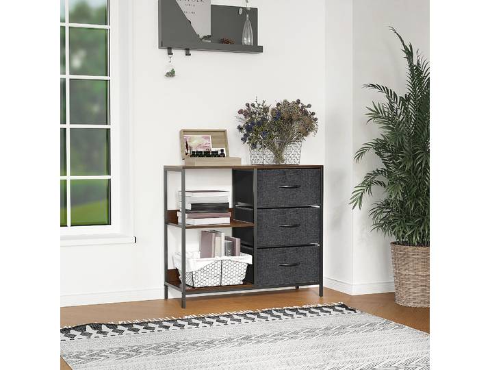 HOMCOM Commode 3 Tiroirs Tissu Marron 2 Étagères