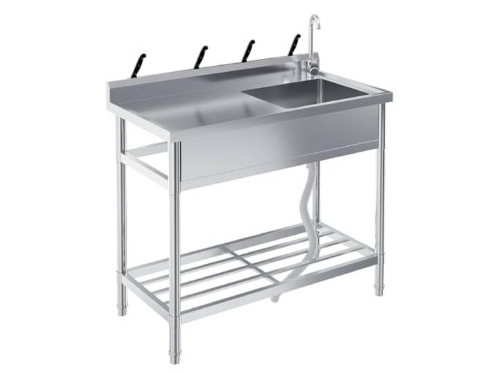 Edelstahl Spültisch 100x51x94CM, Freistehende Küchenspüle Gewerbliche Spülbecken Mit 2 Becken Wasserhahn Kalt Und Warmwasserschläuchen, Für Waschküche Outdoorküche Gastro Küchen Spulbecken