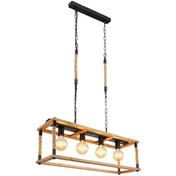 Pendelleuchte Vintage Retro Hängelampe Holz LED Deckenlampe Hanfseil 4 flammig, Metall schwarz braun, 7W 806lm warmweiß, LxBxH 80x25x120 cm