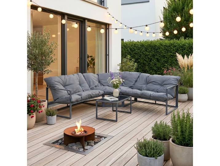 Loungeset 'Karg' Sofa mit Couchtisch Kissen Dunkelgrau