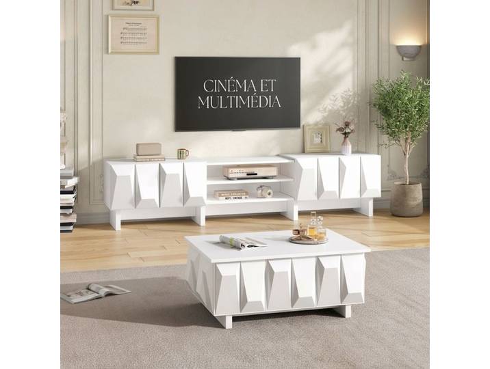 Norevia Ensemble Meuble TV et Table Basse Blanc 180 cm Meuble TV 4 Portes avec Motif en Relief