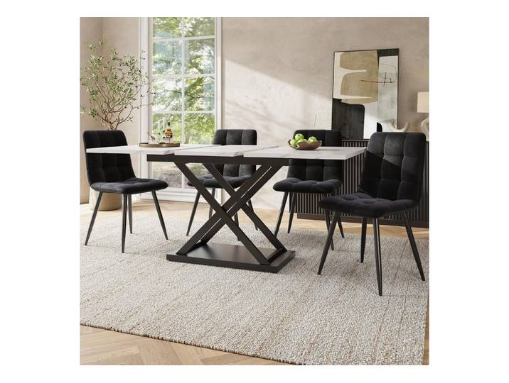 LuxusKollektion Essgruppe Essgruppe Ausziehbar Esstisch 4 Stühle Samt Schwarz Weiß