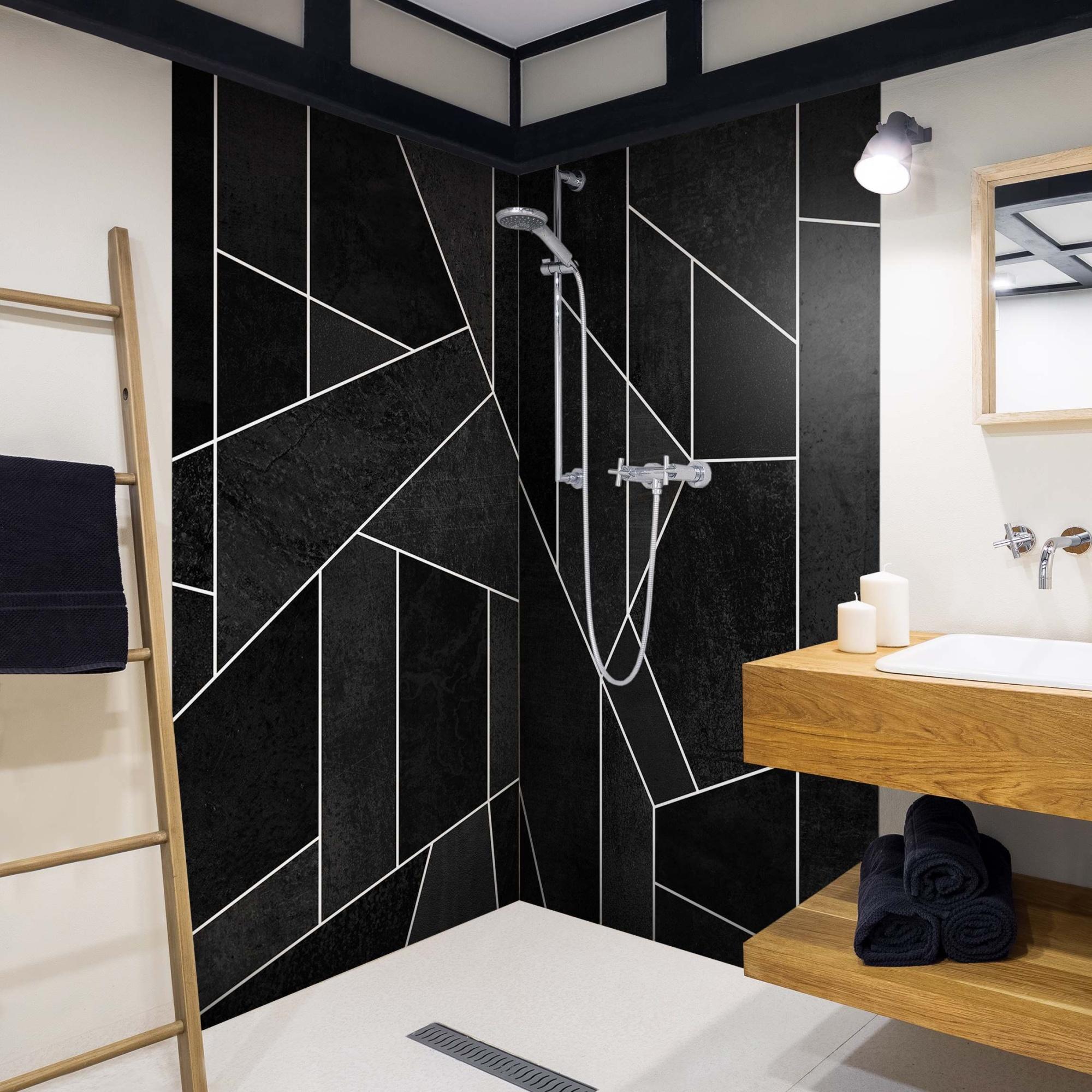 Duschrückwand Muster selbstklebend - 0.61 mm Wandpaneel wasserfest Geometrisch schwarz weiss Abstrakt Badrückwand fugenlos Premium matt 90x210 cm