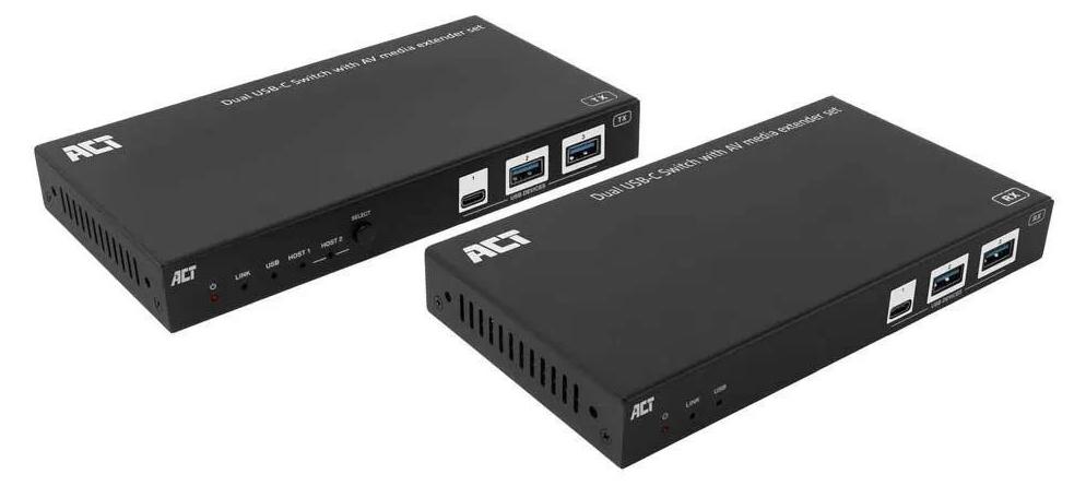 ACT AV-Medienverlängerungsset mit Dual-USB-C-Switch, CAT6A, 100 Meter, 4096 x 2160 Pixel, AV-Sender & -Empfänger, 100 m, Kabelgebunden, Schwarz, HDCP
