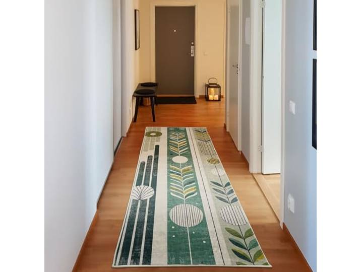 ABAKUHAUS Mid-Century Modern Dekorativer Teppich, Naturfarbener Blatt, Hochwertiger Flächenteppich für Schlafzimmer und Wohnzimmer, 76x229 cm, Kalb Teal