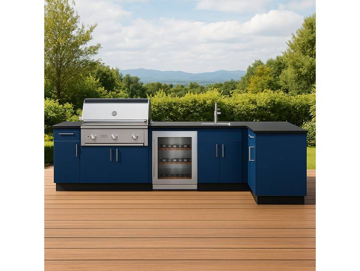 Meubles de cuisine modulaires d'extérieur bleu français, armoires de cuisine en acier inoxydable avec évier et plan de travail