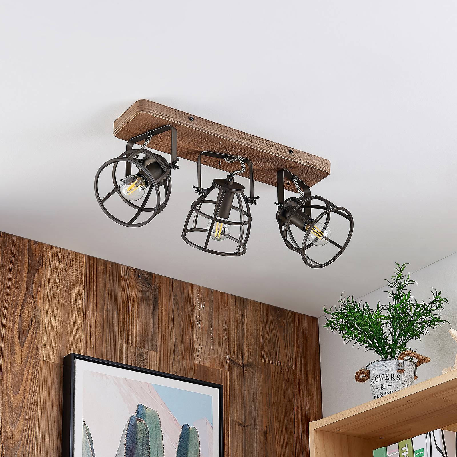 Deckenlampe Rutger Lindby, dimmbar, Holz dunkel, für Wohn- / Esszimmer, Holz, Vintage, Deckenlampe