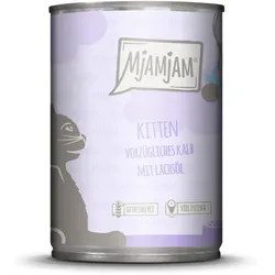 MJAMJAM Leckere Mahlzeit Kitten 400g Dose Katzennassfutter Sparpaket 12 x 400 Gramm vorzügliches Kalb mit Lachsöl