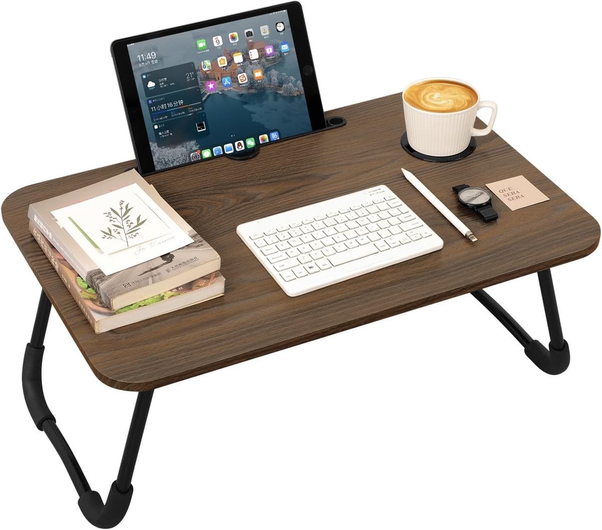 Vouwbare houten laptoptafel voor bed met bekerhouder en tabletvak, rustiek bruin