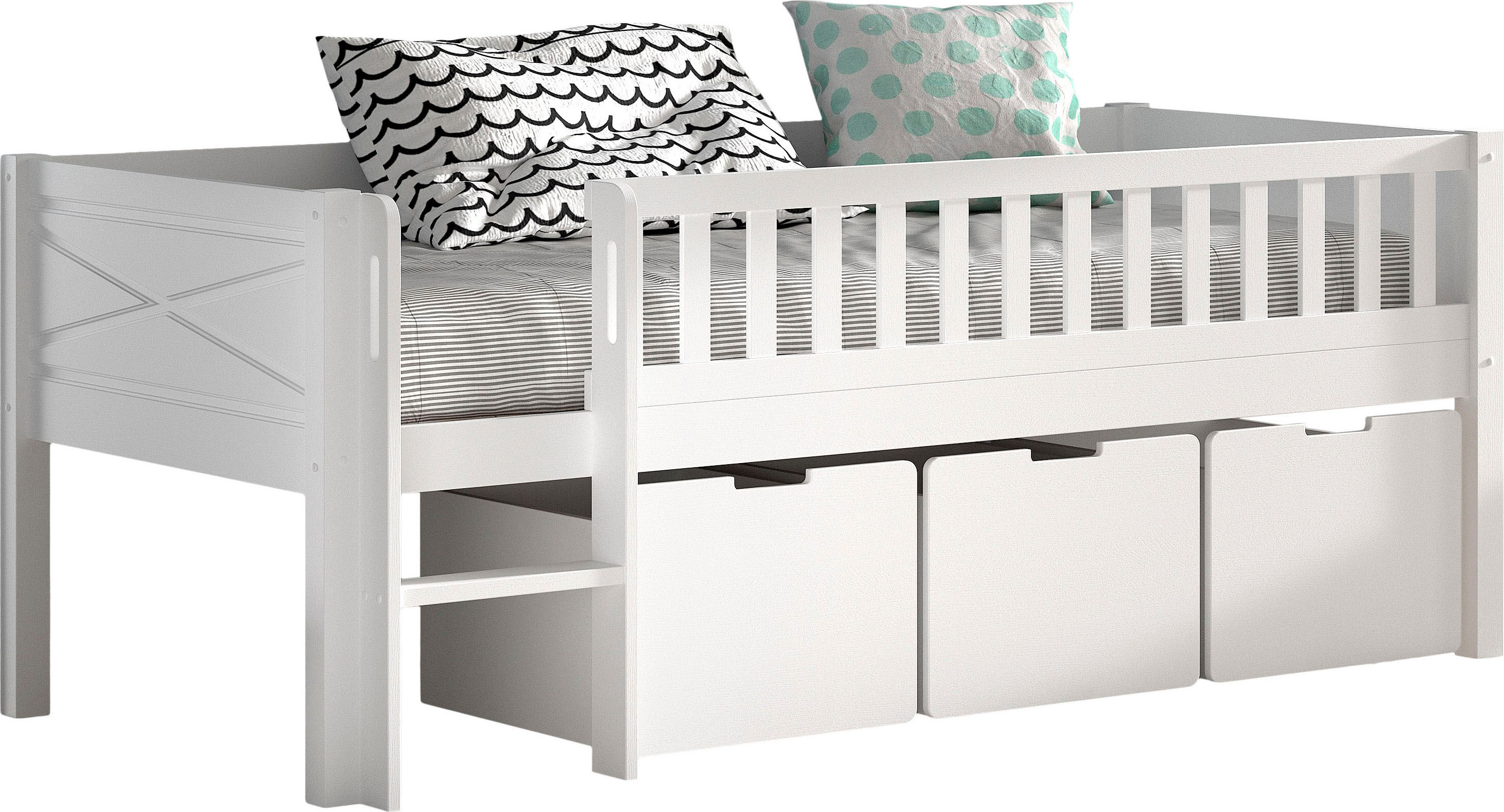 Spielbett VIPACK "Scott mit niedriger Einstiegshöhe, inkl. Leiter und Rolllattenrost", weiss (weiß, weiß, weiß), B:104,7cm H:83cm L:208cm, Betten, Spielbett, in Kiefer massiv, weiss 90x200 cm, wahlweise ohne und mit Rollboxen weiß, weiß, weiß Liegefläche 