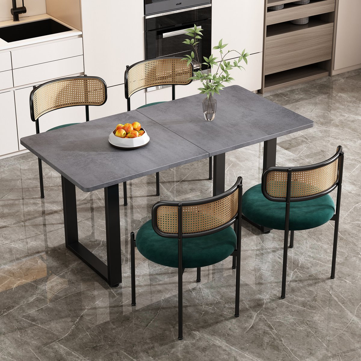MODFU Eethoekset met 1 rechthoekige eettafel en 4 eetkamerstoelen - Fluweel en Rotan - Zwart en Grijs