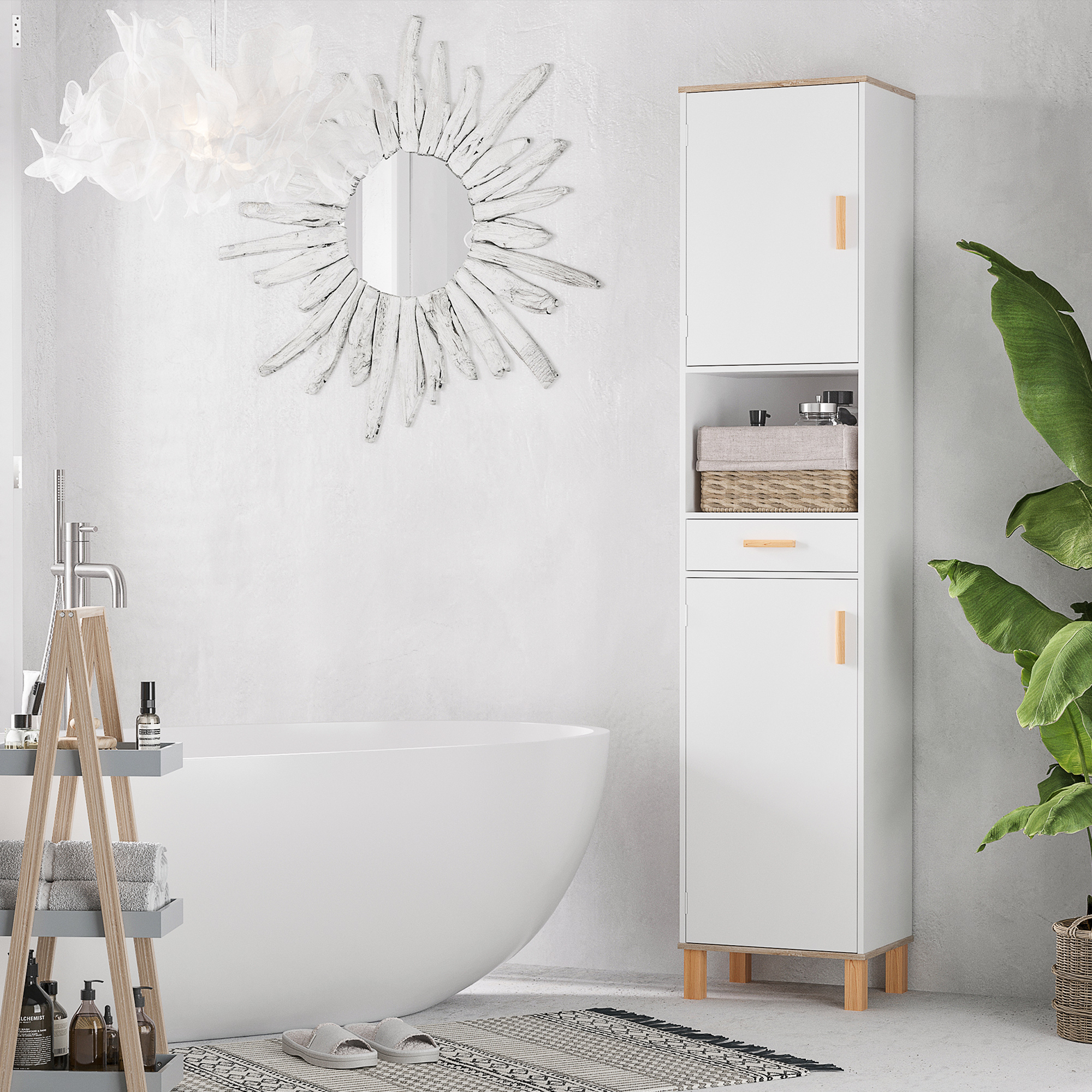 Kleankin Mobile Salvaspazio Bagno in Legno Bianco, Mobile a Colonna con Armadietti e Cassetto 39x30x180cm Aosom