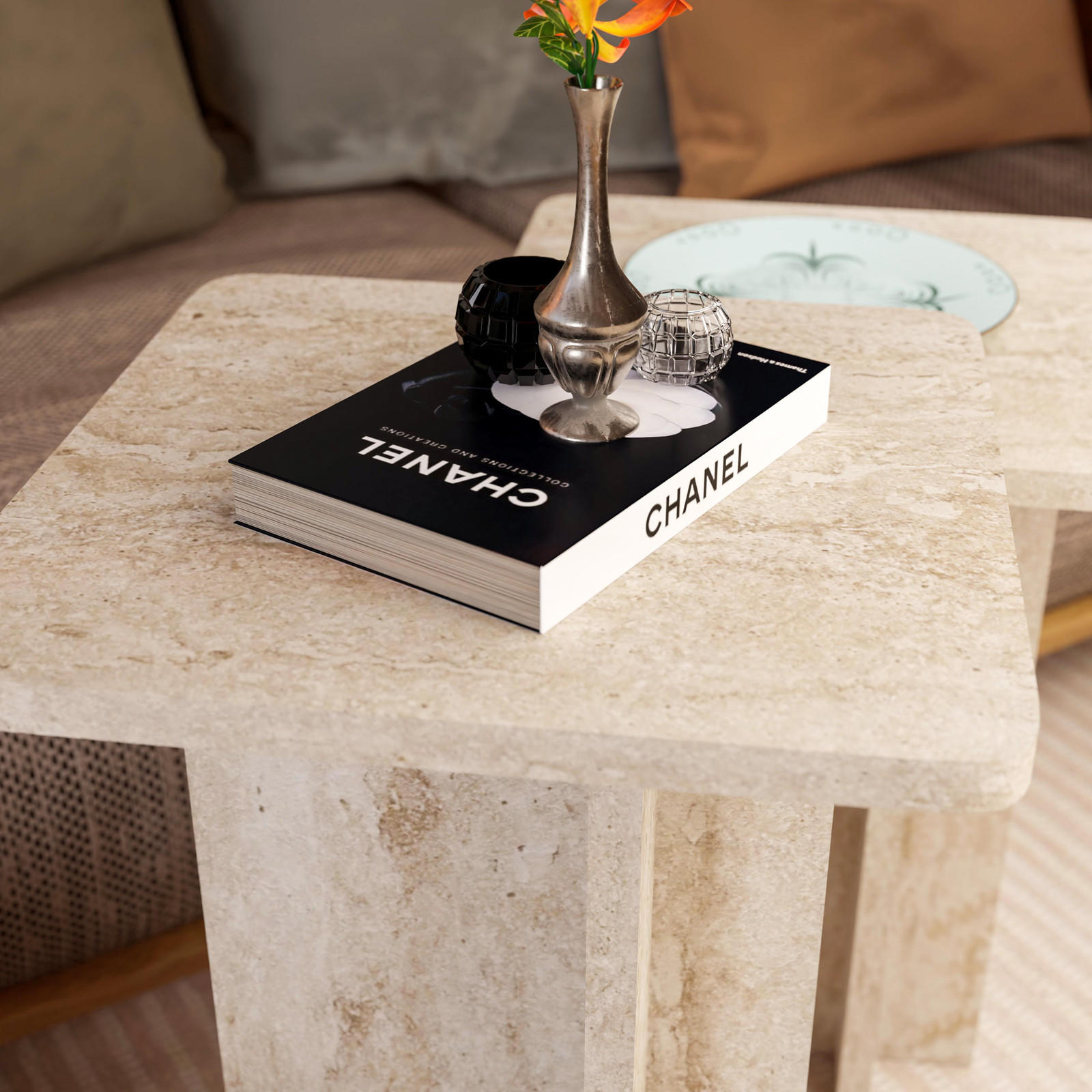 Ultimate Premium Products Modern set van salontafels, hout met travertin afwerking, vierkant