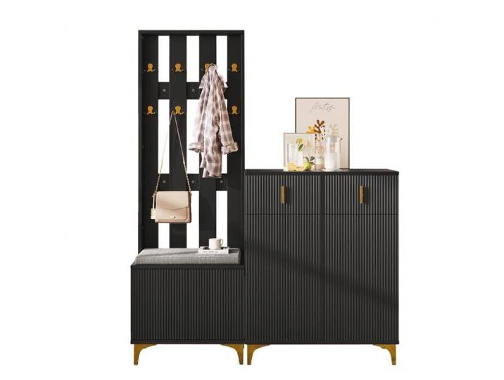 Meuble Entrée Design - Armoire Chaussures + Tabourets Intégrés Tiroirs De Rangement Portes Et Crochets - Organisation Parfaite