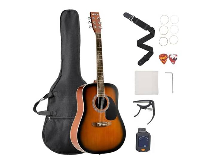 VEVOR Guitare Acoustique Dreadnought 6 Cordes\, 103 cm\, Table Épicéa Massif\, Fond Acajou\, Touche Palissandre\, avec Housse\, Accordeur\, Sangle\, Médiator\, Capodastre\, pour Adultes\, Couleur Rayon de Soleil