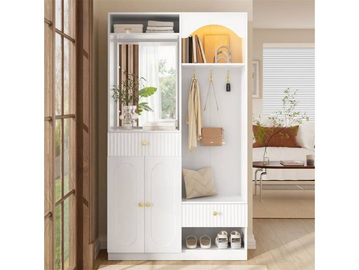 Meuble d entrée vestiaire - Armoire compacte avec miroir armoire d'entrée avec meuble à chaussures et patères - Blanc