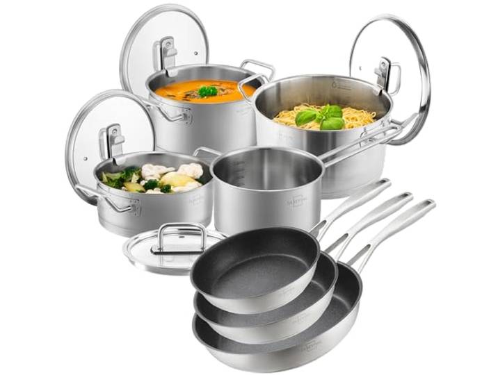 SILBERTHAL Pfannen und Topfset 12-teilig Beschichtet Edelstahl Induktion Zwölf Teile, fettarm braten und schmoren aus einer Serie. Vier Töpfe mit Glasdeckel, auf jedem Herd