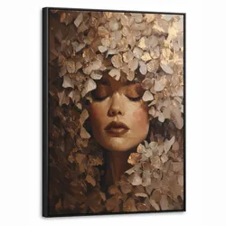 LEINWAND Bilder mit Rahmen - Gesicht - Dame - Blätter - Pinselstriche - 50x70