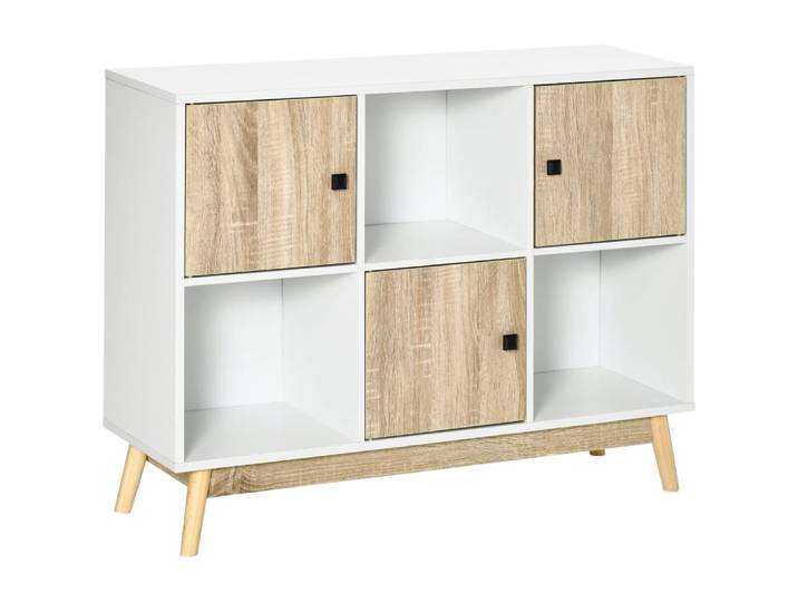 Bibliothèque style scandinave 3 niches portes blanc aspect chêne clair