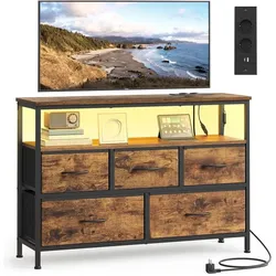 Songmics, Kommode + Sideboard, Kommode mit LED-Beleuchtung und Ladestation 5 Schubladen (98.70 x 30 x 68.10 cm)