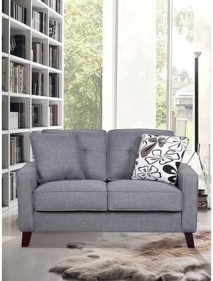 US Pride Furniture Mid-century Linen Loveseat With Wood Legs and Two Button Tufted Accent Pillows