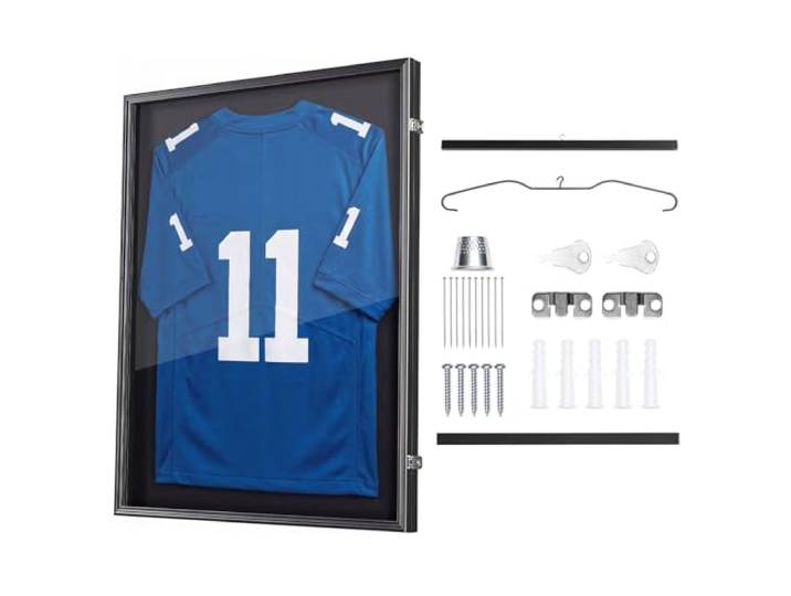 VEVOR Cadre Maillot Foot 70x90 cm Cadre Vitrine Maillot de Football Rugby Basket Hockey Baseball pour Salon\, Bureau\, en Bois Verrouillable\, avec Panneau Polycarbonate Protection UV 98 %\, Cintre\, Noir