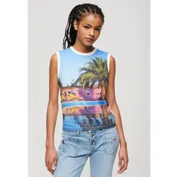 Superdry für Damen. W6011959A Tank-Top mit weißem Unterdruck (XS), Lässig, Baumwolle, Ärmellos / Hosenträger