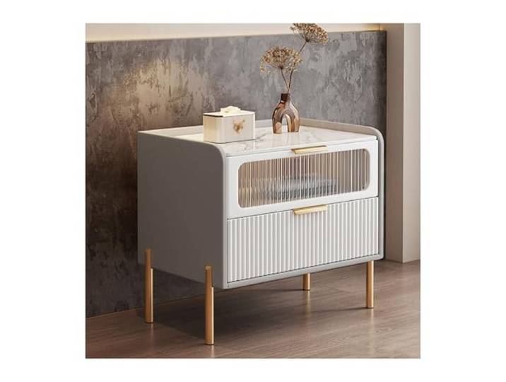xiuling4568 2-stufiger Stauraum for Schlafzimmer, Grauer Nachttisch fürs Wohnzimmer mit eleganter Steinplatten-Arbeitsplatte, Nachttische mit dekorativer Glastür, Beistelltisch(L45xD38xH50cm)