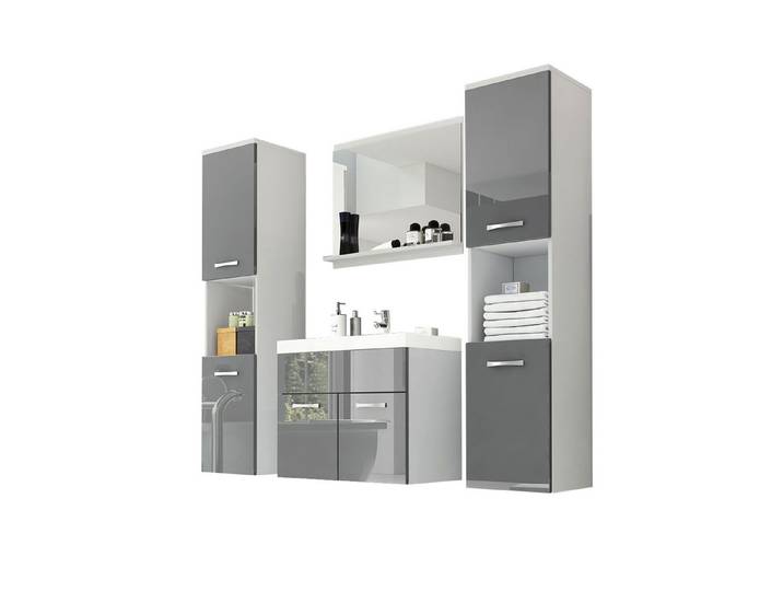 Feldmann-Wohnen Badmöbel-Set Montreal, (2 Hängeschränke, 1 Spiegel, 1 Waschbeckenunterschrank, 1 Waschbecken, 5-St., Türen, Einlegeböden, offene Fächer, Spiegel, Waschbecken), 5-teilig, weiß / grau Hochglanz lackiert