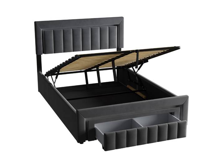 Lit adulte coffre 140x190 cm, tiroir et tête de lit, métal gris foncé