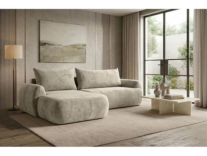 Kaiser Möbel Ecksofa mit Schlaffunktion und Bettkasten, Chenille-Stoff Perfecto, Beige, Links, HELA II