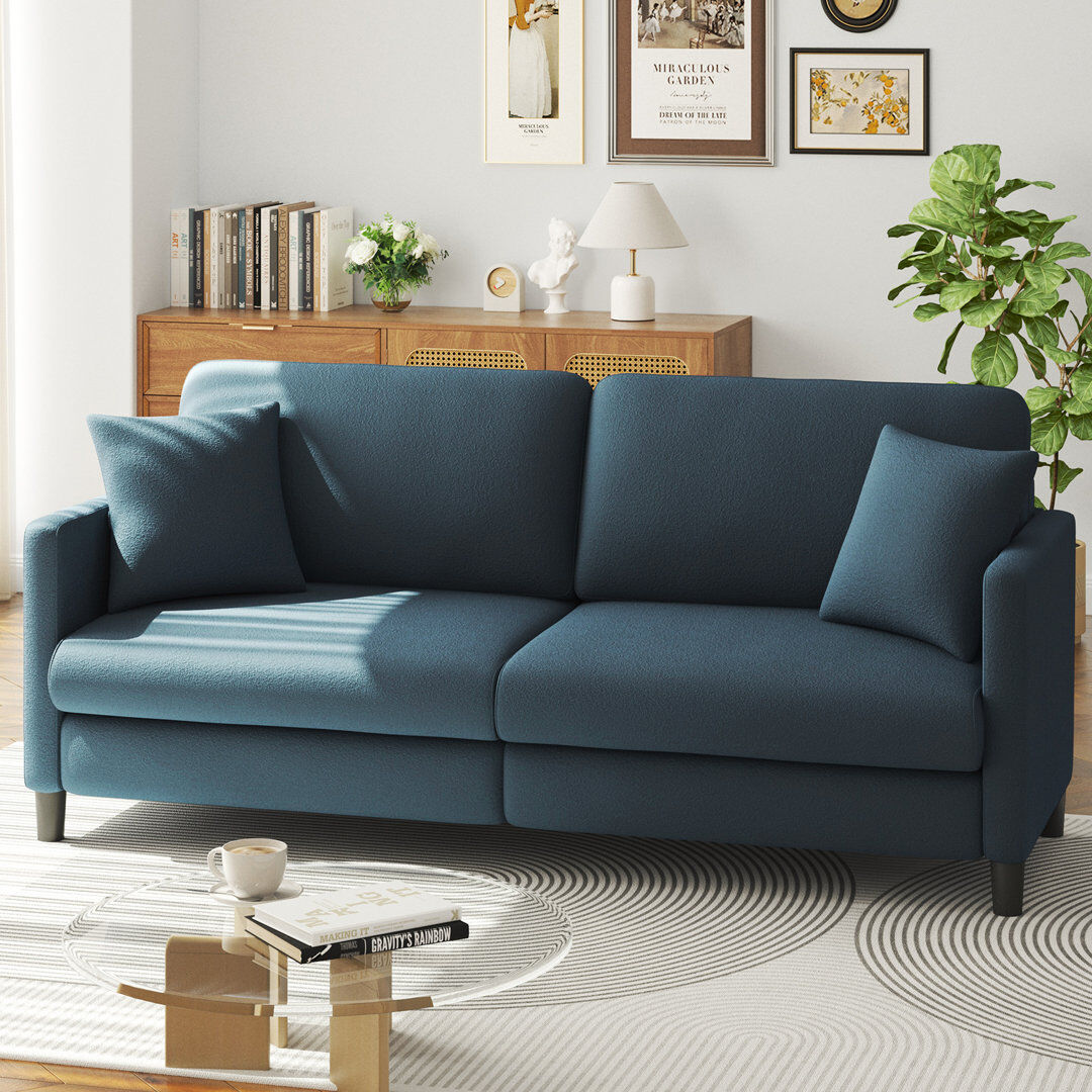 17 Stories Modern 193cm Teddy 3-Seater Sofa with Square Armrests and Two Throw Pillows Blue/Gray 89cm H X 193cm W X 79cm D