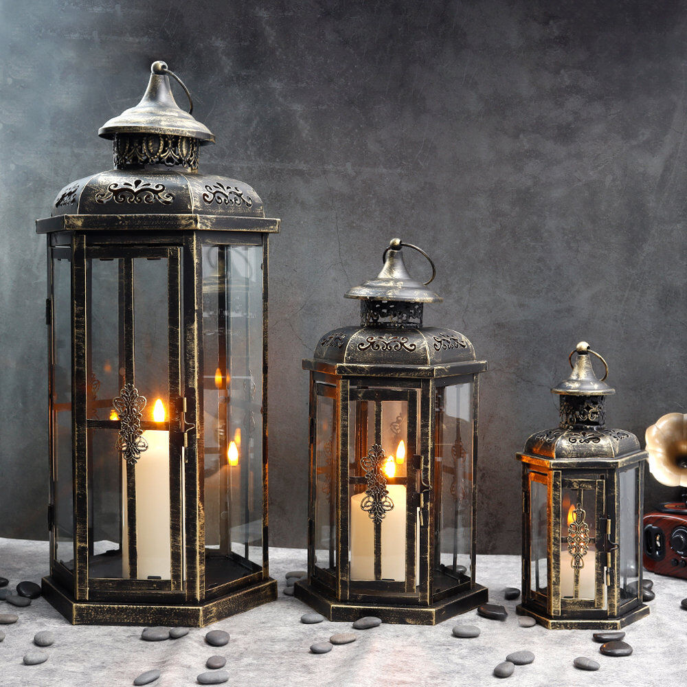 Latitude Vive Metal Tabletop Lantern Black 50cm H X 25cm W X 21cm D