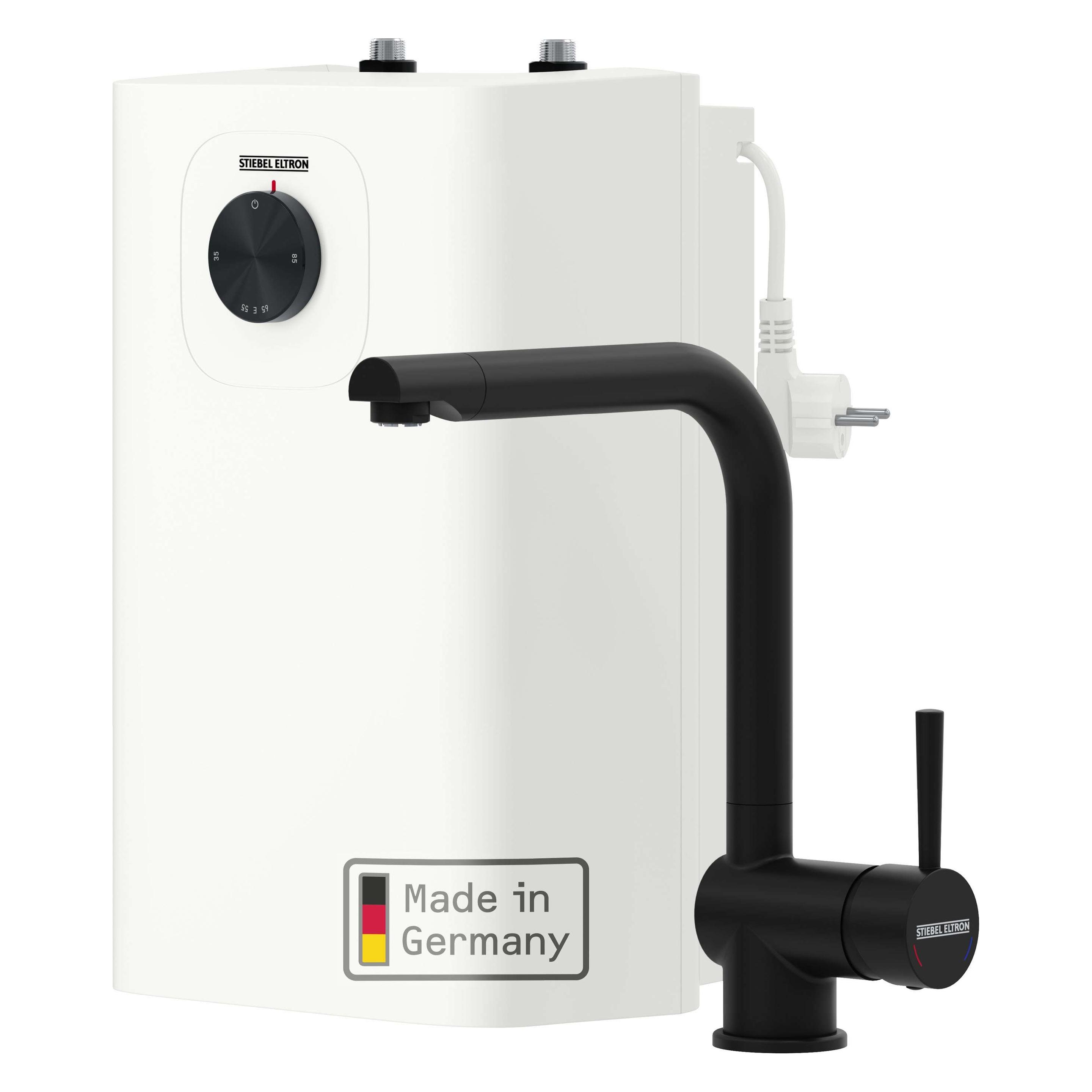 Stiebel Eltron Boiler SNU 5 Plus mit Wasserhahn MAE-B sehr kompakt, Untertischboiler 5 L Niederdruck, mit Stecker (208119)