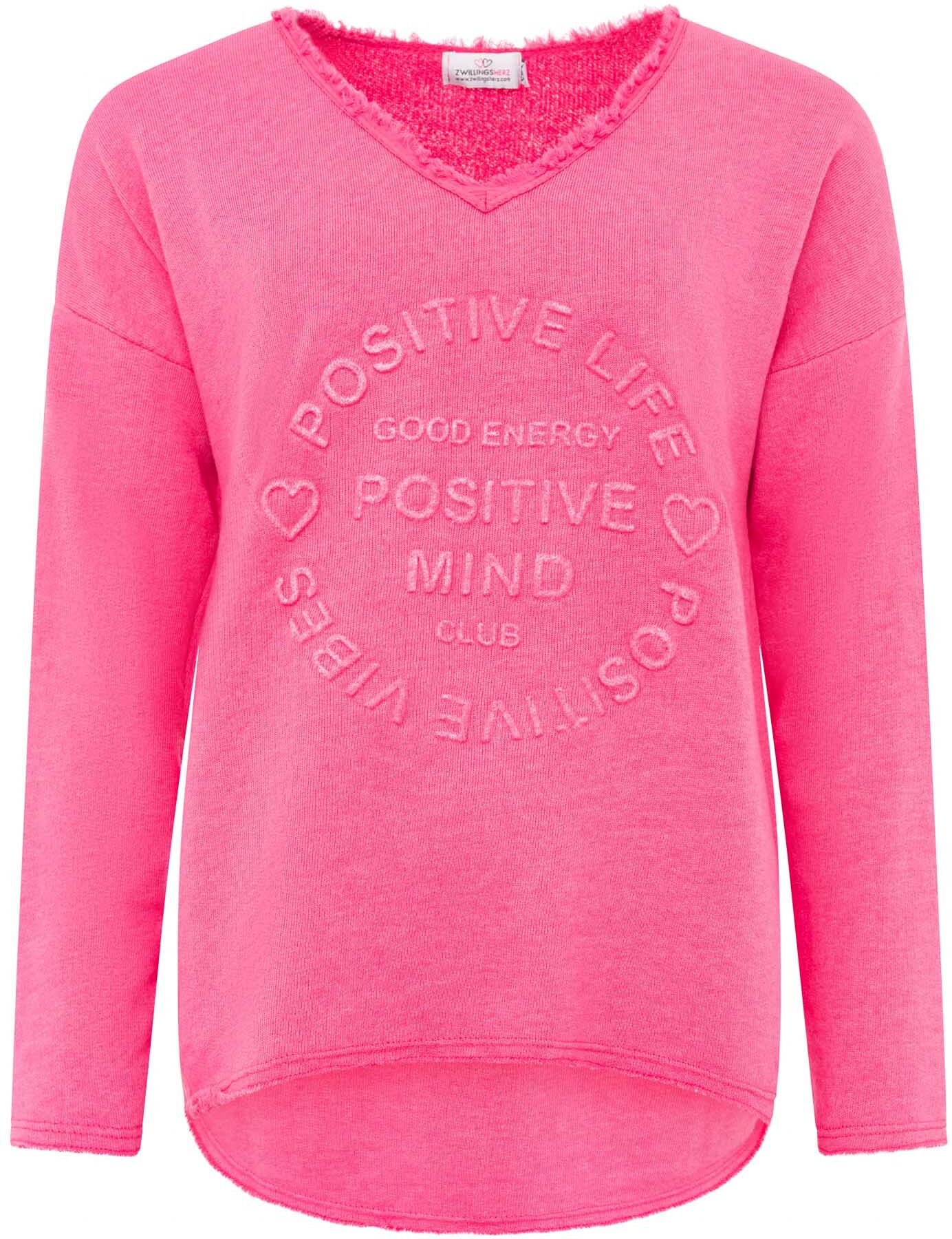 Zwillingsherz "Positive Mind", ausgefranster V-Ausschnitt, Used Look, Langarm, Schriftzug neonpink L/XL