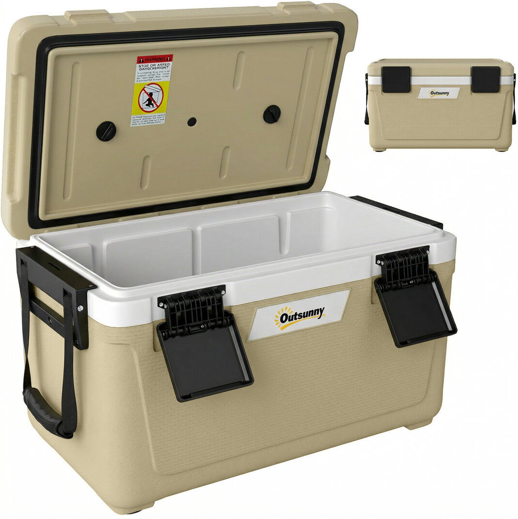 Outsunny Insulated Cool Box Lightweight Ice Cooler Lid Khaki/Black 42.6L