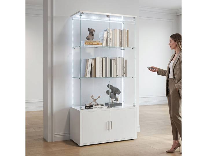 Vitrine en verre à 3 niveaux Anajqaqia 78,5x35x164cm, vitrine blanche pour salon avec armoire et bande lumineuse LED, vitrine pour objets de collection