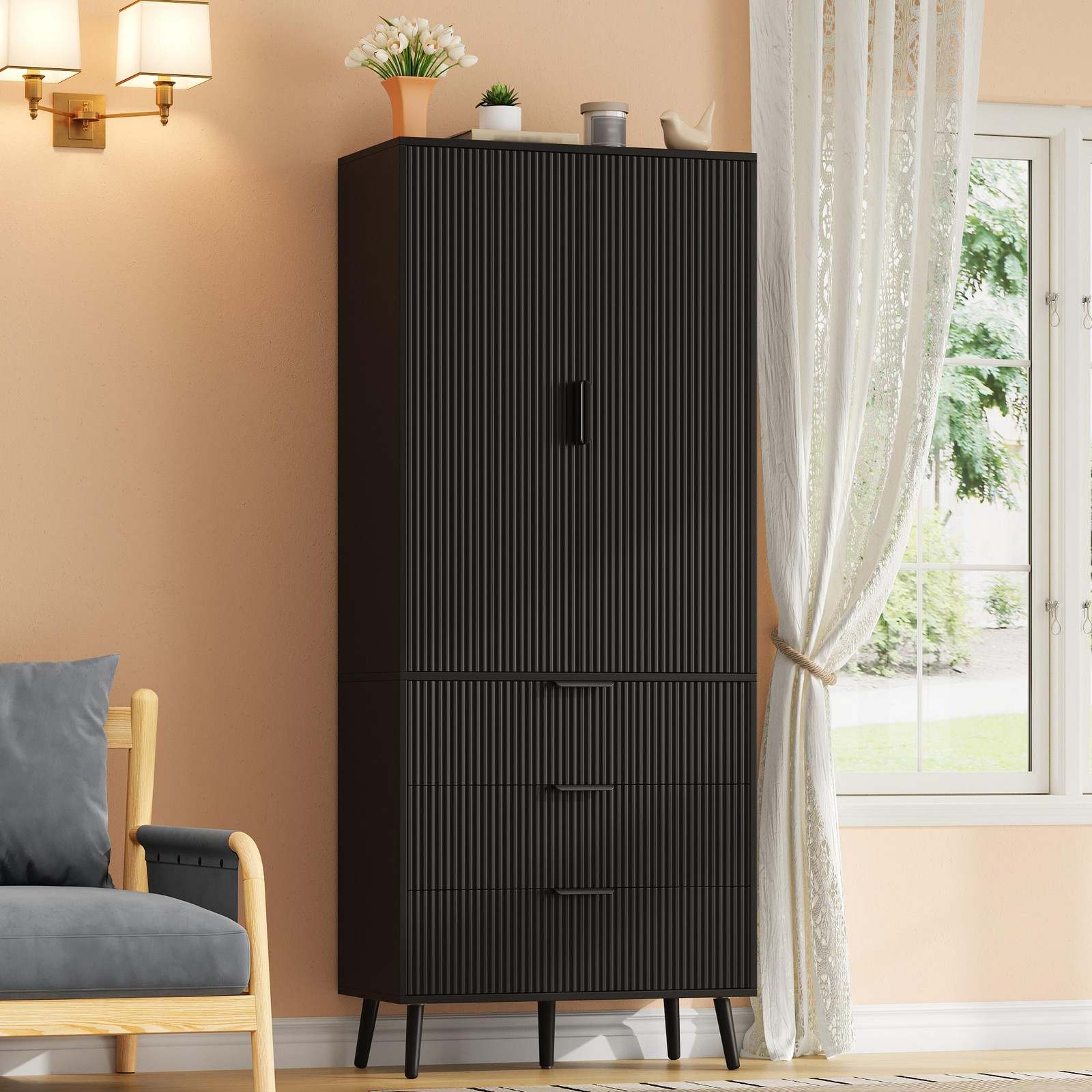 OKWISH Multifunctionele hoge kast met 2 deuren en 3 lades, zwart
