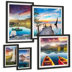 BILDER SET 5er Set - 50x50 cm & 20x30 cm & 40x60 cm Schwarzer Rahmen - Seen- und Berglandschaft Łódź