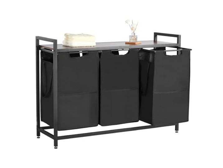 VEVOR Panier à Linge 3 Compartiments\, Trieur de Linge avec Sacs Coulissants en Tissu Oxford 600D\, Cadre en Métal et Plateau en Bois\, pour Vêtements Sales\, Buanderie Blanchisserie Chambre Salle de Bain