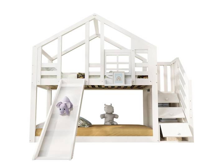 Redom Etagenbett 90/200 cm mit Rutsche, Stauraumtreppe und Rausfallschutz, Weiß, 90x200 cm, Babymöbel & Kindermöbel, Kinderzimmer & Jugendzimmer, Stockbetten