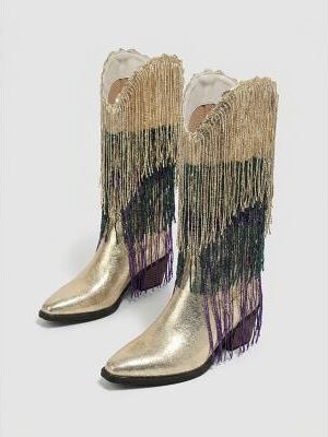 LightInthebox Women's Gold Metallic Fringe Western Cowboy Boots - Colorful Tassel Pointed Toe Chunky Mid Heel Mid Calf Boots for Mardi Gras, Country Concerts Music Festivals