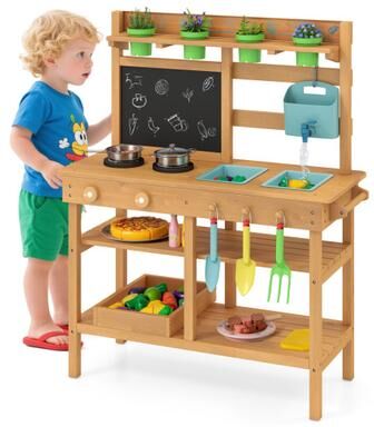 Costway Outdoor Play Pretend Kitchen with Faucet and Removable Sinks for Children Aged 3+-Natural