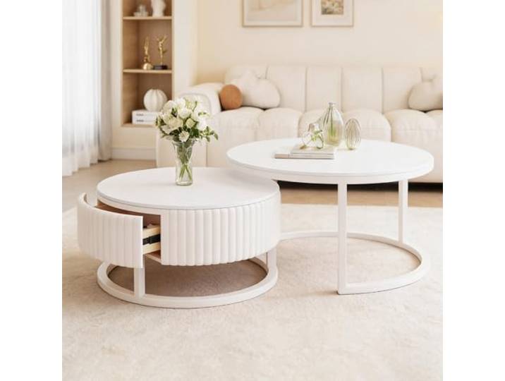 SeraphicCharm Modern Couchtisch Rund Weiß Wohnzimmertisch Mit Stauraum Runder Couchtisch Weiss Mit Schublade Holz Wohnzimmer Tisch Für Couch Tisch Wohnzimmer Couchtische 2er Set Einfach Zu Montieren