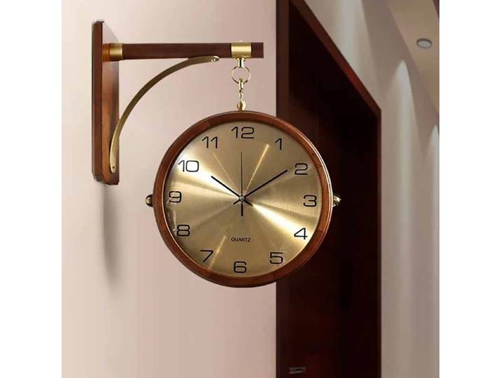 Horloge Murale Double Face en Bois de Luxe, Mouvement Silencieux, Rotative à 360 °, Accessoires de Décoration Esthétique pour Salon